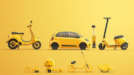 Set of realistic 3d yellow car, scooter, bicycle, skateboard and kick scooter. Advertising poster for selling different vehicles company. Vector illustration in cartoon style