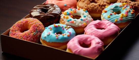 Wall Mural - box containing various colored donuts on the table