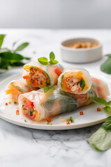 Wall Mural - Raw Spring rolls with chicken on the white marble table