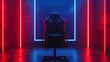 The black gaming chair and the black backdrops feature red and blue lights, and have space for lettering. 3D Render