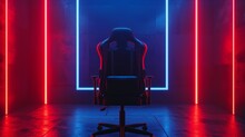 The Black Gaming Chair And The Black Backdrops Feature Red And Blue Lights, And Have Space For Lettering. 3D Render