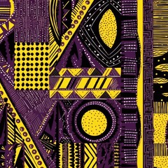 Wall Mural - Plum, lemon, and charcoal seamless African pattern, tribal motifs grunge texture on textile