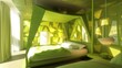 A bed canopy in a contemporary geometric illusion pattern, set in a room with walls in a striking limeade green