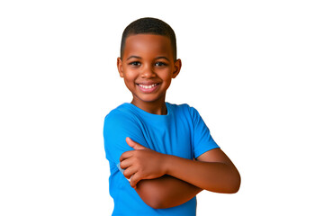 Wall Mural - Portrait of a smiling African little boy in a blue t-shirt on transparent background. Front view, happy child in a blue shirt.