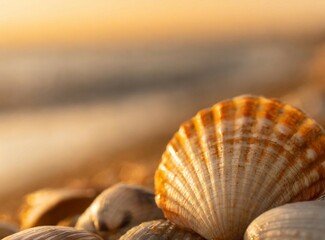 Wall Mural - Seashells on the sand on the background of the sea