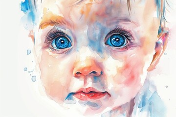 Poster - A painting of a baby with captivating blue eyes. Perfect for nursery decor or baby-related projects