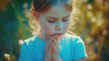 Wall Mural - A young girl is captured in a moment of prayer in a serene field. This image can be used to depict spirituality and peacefulness