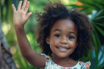 A charming little girl with curly hair joyfully waving her hand. Perfect for capturing the innocence and happiness of childhood.