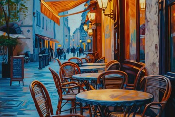 Wall Mural - Painting of tables and chairs set up on a sidewalk. Suitable for outdoor dining scenes or urban landscapes