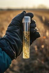 Poster - A person is holding a bottle of liquid in a field. This image can be used for various purposes