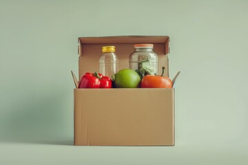 Wall Mural - A cardboard box filled with a variety of fresh fruits and vegetables. Perfect for illustrating healthy eating, grocery shopping, and farm-to-table concepts