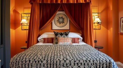 A bed canopy with a chic geometric pattern, set in a room with walls in a bold tangerine color