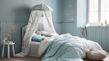 A Bed Canopy With A Whimsical Unicorn Print, Set In A Room With Walls In A Dreamy Periwinkle Blue