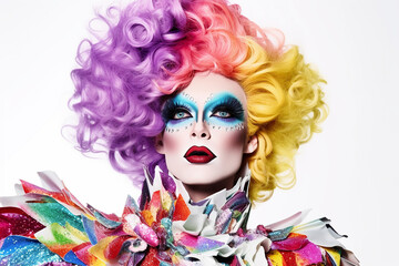 Vibrant portrait of a drag queen with colorful hair and artistic make up