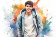 Vibrant watercolor portrait of a smiling young man in a white hoodie. On a background of aquarelle splashes. Concept of modern youth fashion, casual style, artistic watercolour painting.