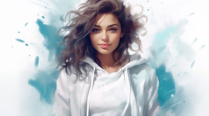 Vibrant watercolor portrait of young woman in a white hoodie. On a background of aquarelle splashes. Concept of modern youth fashion, casual style, artistic watercolour painting.