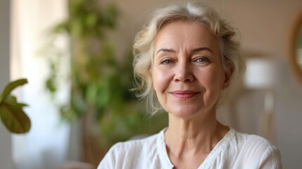 Poster - Head shot portrait happy beautiful retired woman. Mature female advertises professional services of dental clinic smile look at camera. Carefree life on retirement