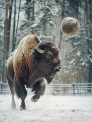 Wall Mural - A Photo of a Bison Playing with a Ball in Nature