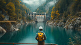 Fototapeta  - A dam engineering doing his checking routine. He is wearing a white hard hat and yellow transparent vest. He is standing by the rail by the dam. generative ai.