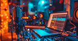 Fototapeta  - boutique recording studio control desk. Professional studio microphone with musician blurred background and audio mixer, Musical instrument Concept.