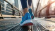 Runner's shoes hitting the pavement on a bridge during a city race generative ai