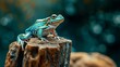 A vibrant true frog perches atop a weathered stump, blending into the natural beauty of its outdoor home with its striking blue and yellow colors