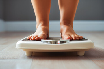 Wall Mural - Close up of overweight woman standing on bathroom scale. With the help of a fitness trainer, she will try to get rid of excess weight through exercise.