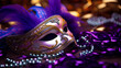 A mardi gras mask with a purple background and beads, Generative AI