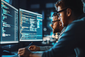 Help, manager and employee with computer screen, programming and code with trading, coaching and mentor. Advice, supervisor and worker with pct.