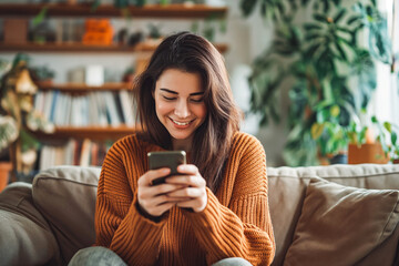 Young adult woman using online mobile bank in her living room, smiling. She is testing a new banking application and is therefore paid.