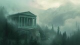 Fototapeta  - a digital painting of an ancient greek temple in a foggy, foggy, and foggy mountain landscape
