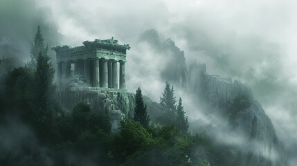 Wall Mural - a digital painting of an ancient greek temple in a foggy, foggy, and foggy mountain landscape