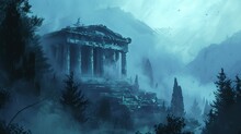A Digital Painting Of An Ancient Greek Temple In A Foggy, Foggy, And Foggy Mountain Landscape
