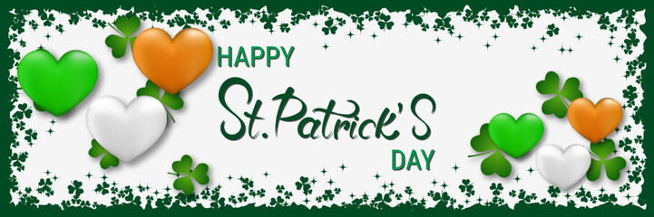 Wall Mural - St.Patrick's Day vector banner template. White background with clover leaves and design elements