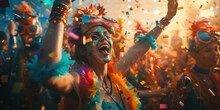 People At The Brazilian Carnival In Rio De Janeiro.  Ecstatic Carnival Revelers Immersed In A Burst Of Confetti And Vibrant Celebration