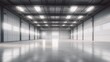 © iridescentstreet - Spacious and modern empty gray industrial warehouse interior with bright lighting and a clean, polished concrete floor, reflecting a minimalistic design