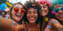 Fashionable Modern People Dancing And Rejoicing. Joyful Friends Celebrating Carnival With Colorful Confetti And Festive Accessories