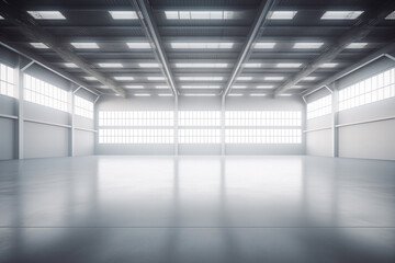 Spacious and modern empty gray industrial warehouse interior with bright lighting and a clean, polished concrete floor, reflecting a minimalistic design