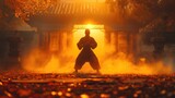 Portrait of kung fu master executes a powerful martial arts stance, emphasize the energy and intensity of his discipline