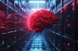 Evil red AI brain in data center server room. Danger of strong artificial intelligence, threat to humanity, future risk of creating dangerous ASI, scary superintelligence