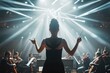 Female conductor leads an orchestra, baton in hand, under dramatic stage lights in a grand concert or philharmonic hall