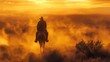 Cowboy walks through a dusty Wild West landscape at sunset, the golden light casting a heroic silhouette in dust