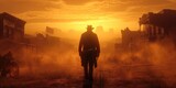 Fototapeta  - Cowboy walks through a dusty Wild West landscape at sunset, the golden light casting a heroic silhouette in dust