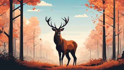 Abstract background of deer in the rive. Forest fantasy landscape graphic illustration. Template for your design works ready to use.