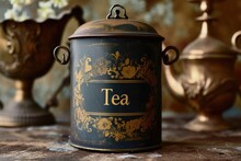 Round Metal Tea Container, Antique Decorative Object.