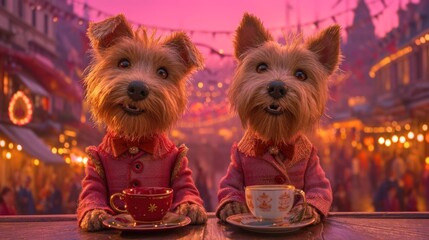 Canvas Print - Two small dogs dressed in red sitting at a table with cups, AI