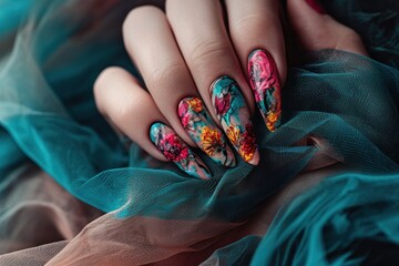 Sticker - A woman's hands with colorful nail art on them, AI