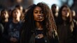 © starush - A woman with a big afro standing in front of people, AI