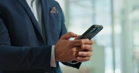 Poster - Hands, phone or businessman on social media for communication, email or texting in office. Search, news or closeup of male worker in online conversation on mobile app to scroll on internet or website