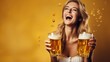 Happy young woman with beer glass on yellow background with falling drops. Generative AI